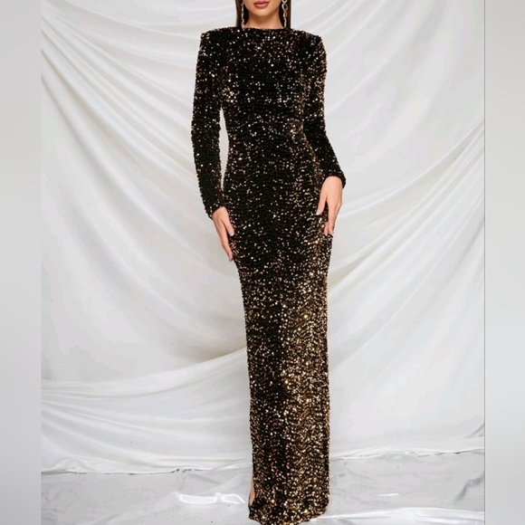 16045 Black-Gold Sequined Velvet Dress